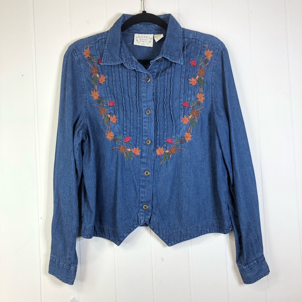 Vintage Khaki Rose Medium Long Sleeve Lightweight Denim Button Front Shi…
